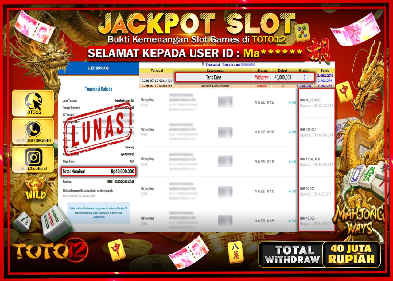 HANYA DI TOTO12 JP PASTI DI BAYAR LUNAS DAN CEPAT!!!!!! JACKPOT SLOT GAME (MAHJONG WAYS) Rp40.000.000!!!!