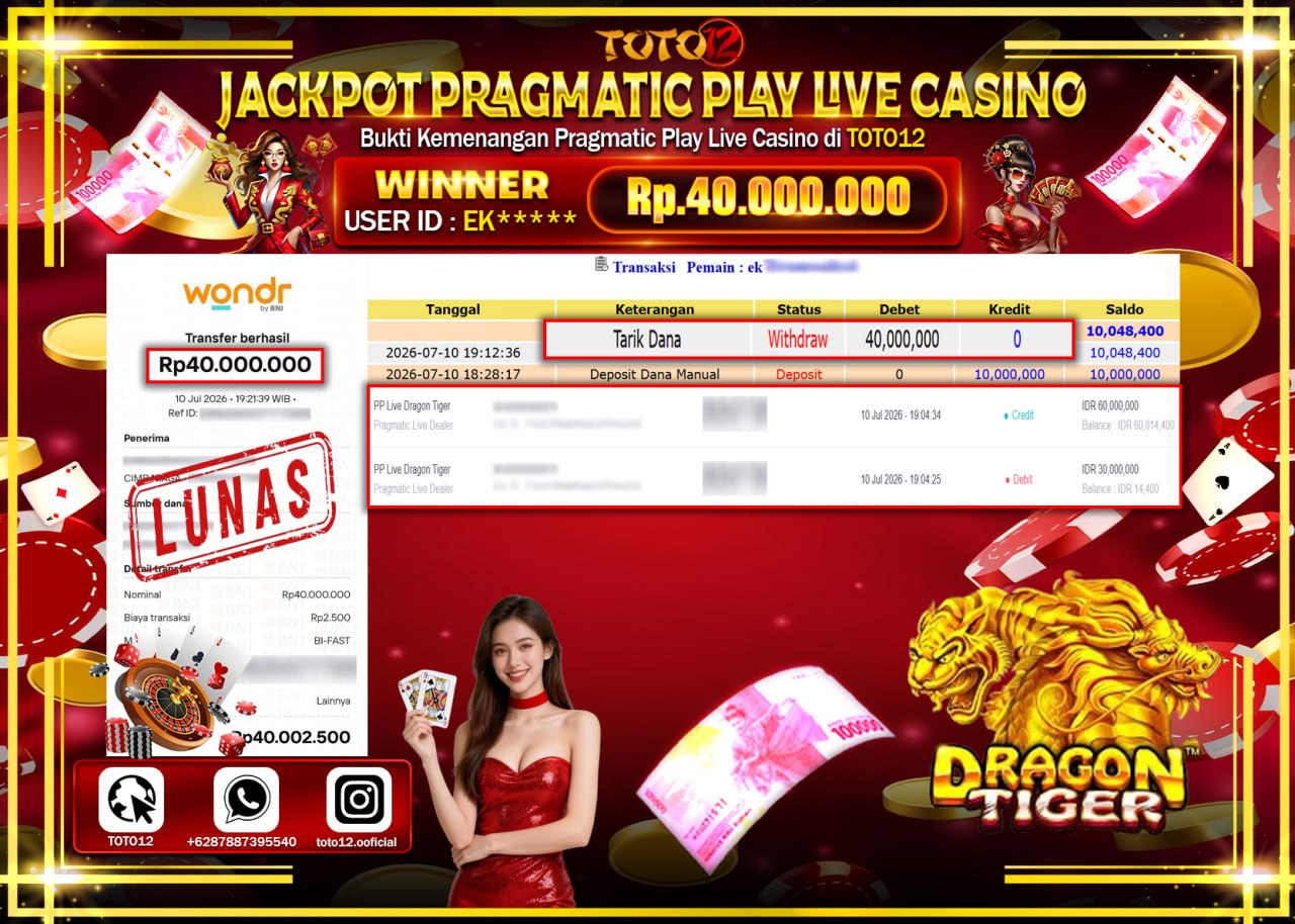 HANYA DI TOTO12 JP PASTI DI BAYAR LUNAS DAN CEPAT!!!!!! JACKPOT PRAGMATIC PLAY LIVE GAME CASINO (PP LIVE DRAGON TIGER) Rp40.000.000!!!!