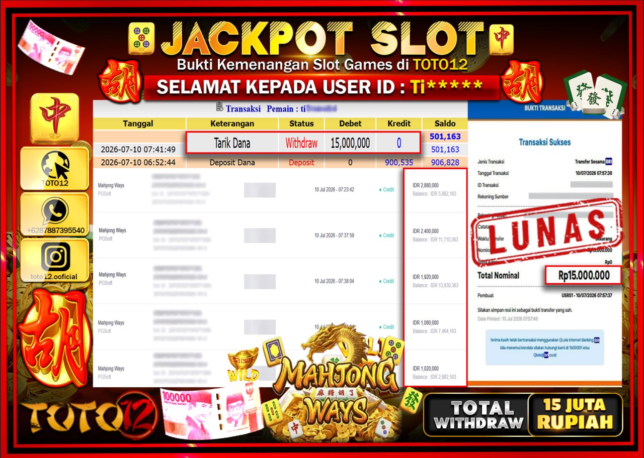 HANYA DI TOTO12 JP PASTI DI BAYAR LUNAS DAN CEPAT!!!!!! JACKPOT SLOT GAME (MAHJONG WAYS) Rp15.000.000!!!!