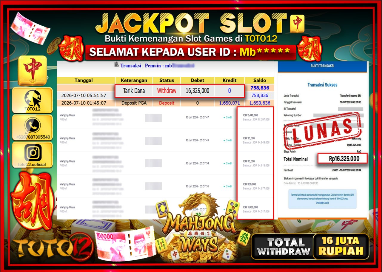 HANYA DI TOTO12 JP PASTI DI BAYAR LUNAS DAN CEPAT!!!!!! JACKPOT SLOT GAME (MAHJONG WAYS) Rp16.325.000!!!!