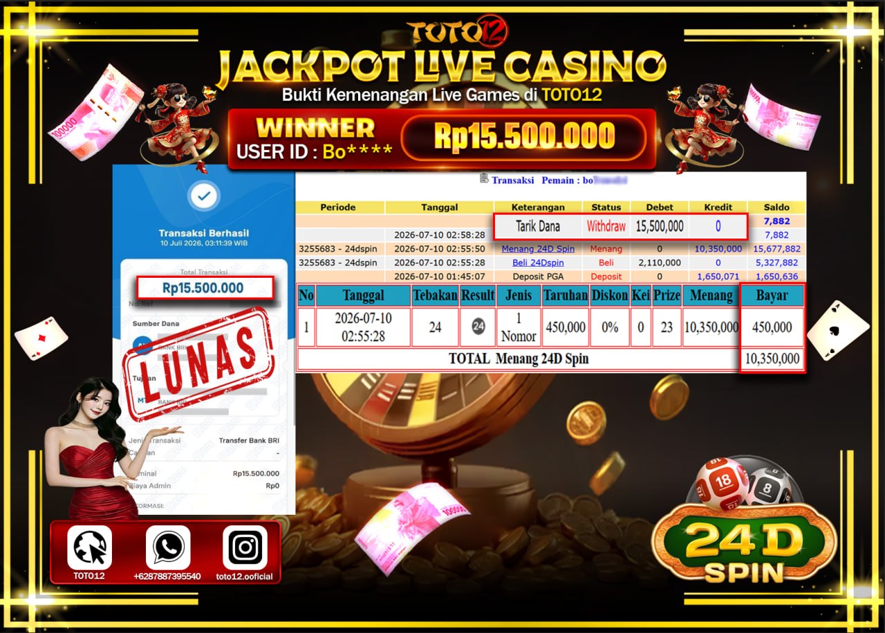 HANYA DI TOTO12 JP PASTI DI BAYAR LUNAS DAN CEPAT!!!!!! JACKPOT  LIVE GAME CASINO (24SPIN) Rp15.500.000!!!!