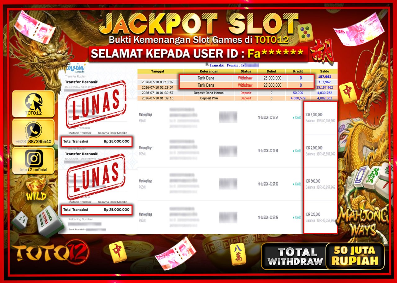HANYA DI TOTO12 JP PASTI DI BAYAR LUNAS DAN CEPAT!!!!!! JACKPOT SLOT GAME (MAHJONG WAYS) Rp50.000.000!!!!