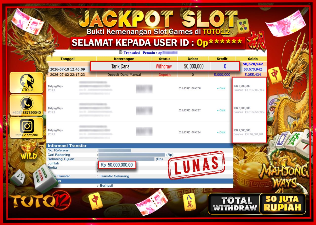 HANYA DI TOTO12 JP PASTI DI BAYAR LUNAS DAN CEPAT!!!!!! JACKPOT SLOT GAME (MAHJONG WAYS) Rp50.000.000!!!!