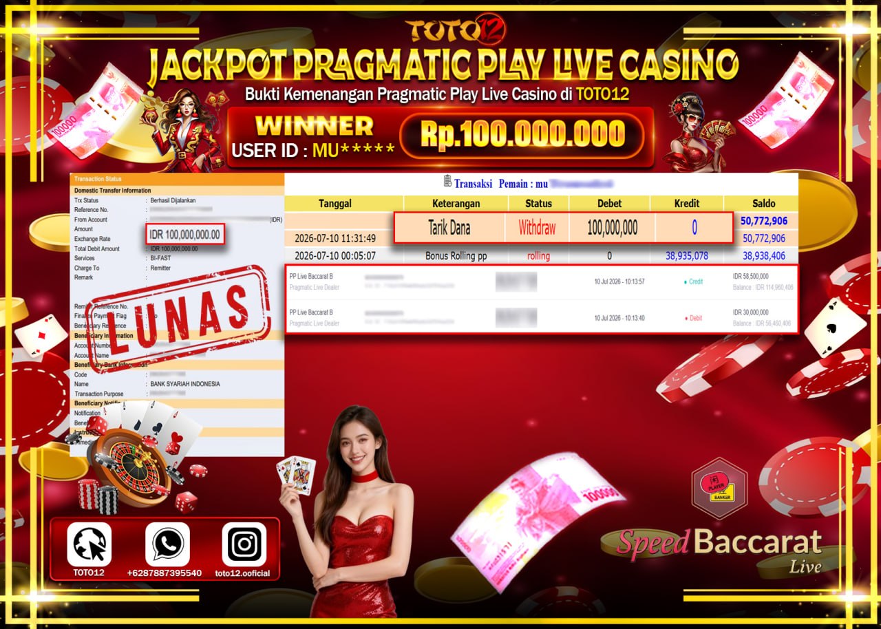 HANYA DI TOTO12 JP PASTI DI BAYAR LUNAS DAN CEPAT!!!!!! JACKPOT PRAGMATIC PLAY LIVE GAME CASINO (PP LIVE BACCARAT B) Rp100.000.000!!!!