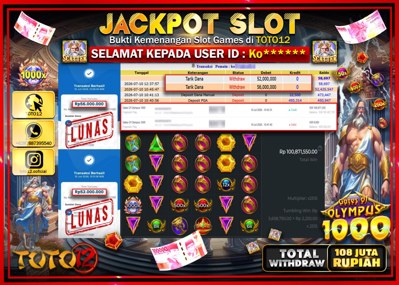 HANYA DI TOTO12 JP PASTI DI BAYAR LUNAS DAN CEPAT!!!!!! JACKPOT SLOT GAME (GATES OF OLYMPUS 1000) Rp108.000.000!!!!