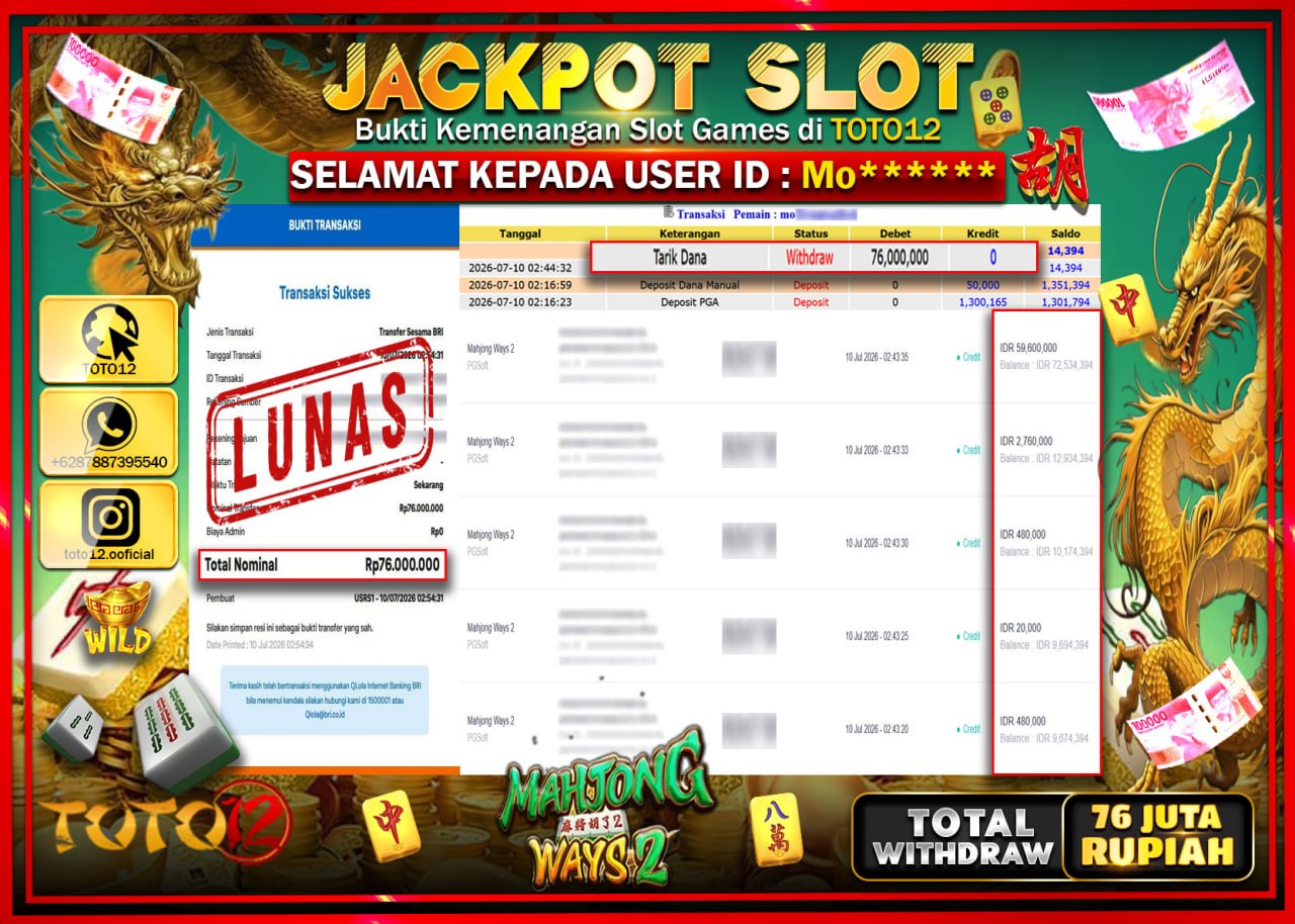 HANYA DI TOTO12 JP PASTI DI BAYAR LUNAS DAN CEPAT!!!!!! JACKPOT SLOT GAME (MAHJONG WAYS 2) Rp76.000.000!!!!