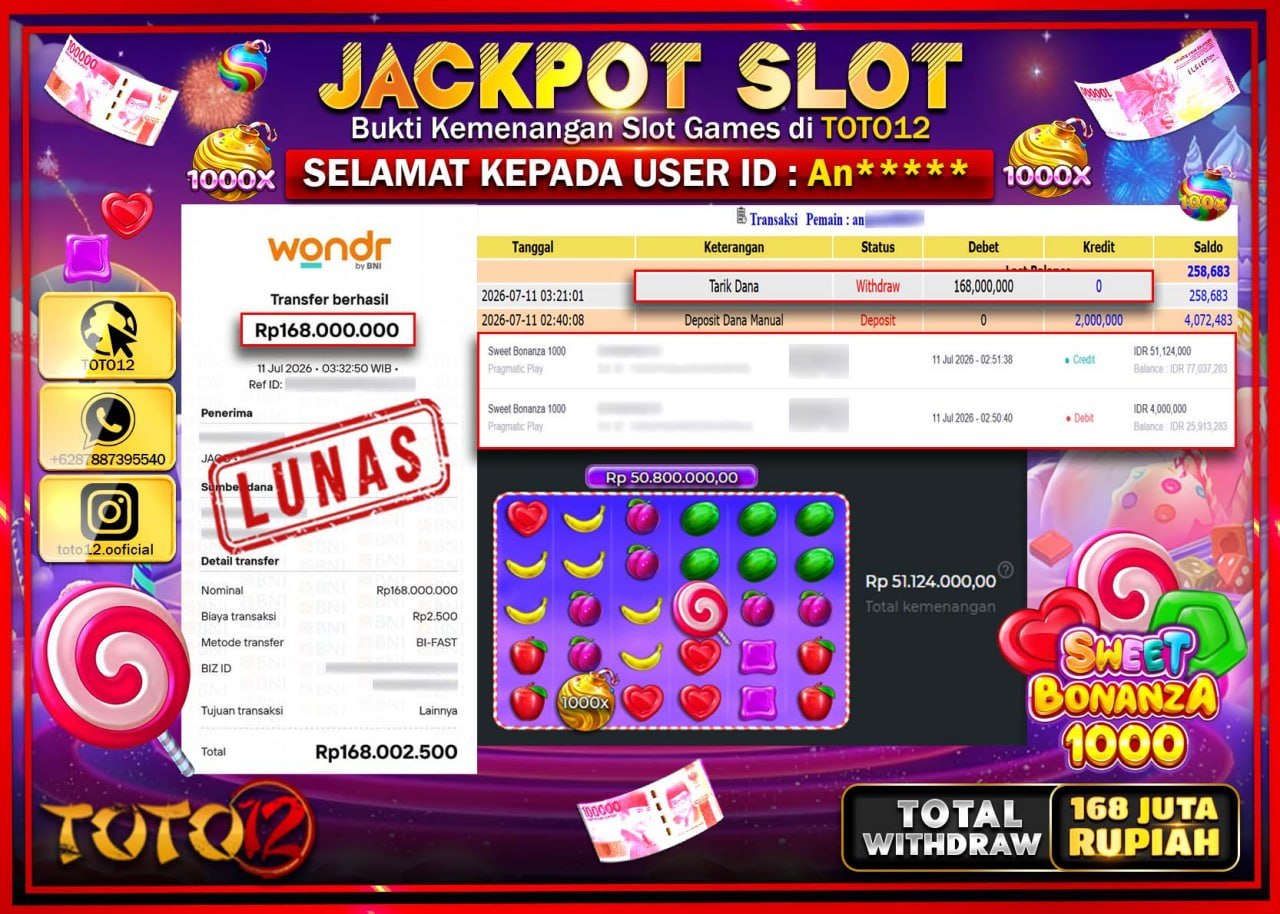 HANYA DI TOTO12 JP PASTI DI BAYAR LUNAS DAN CEPAT!!!!!! JACKPOT SLOT GAME (SWEET BONANZA 1000) Rp168.000.000!!!!