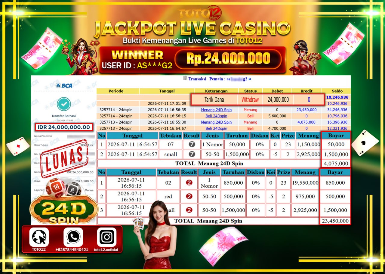 HANYA DI TOTO12 JP PASTI DI BAYAR LUNAS DAN CEPAT!!!!!! JACKPOT  LIVE GAME CASINO (24SPIN) Rp24.000.000!!!!