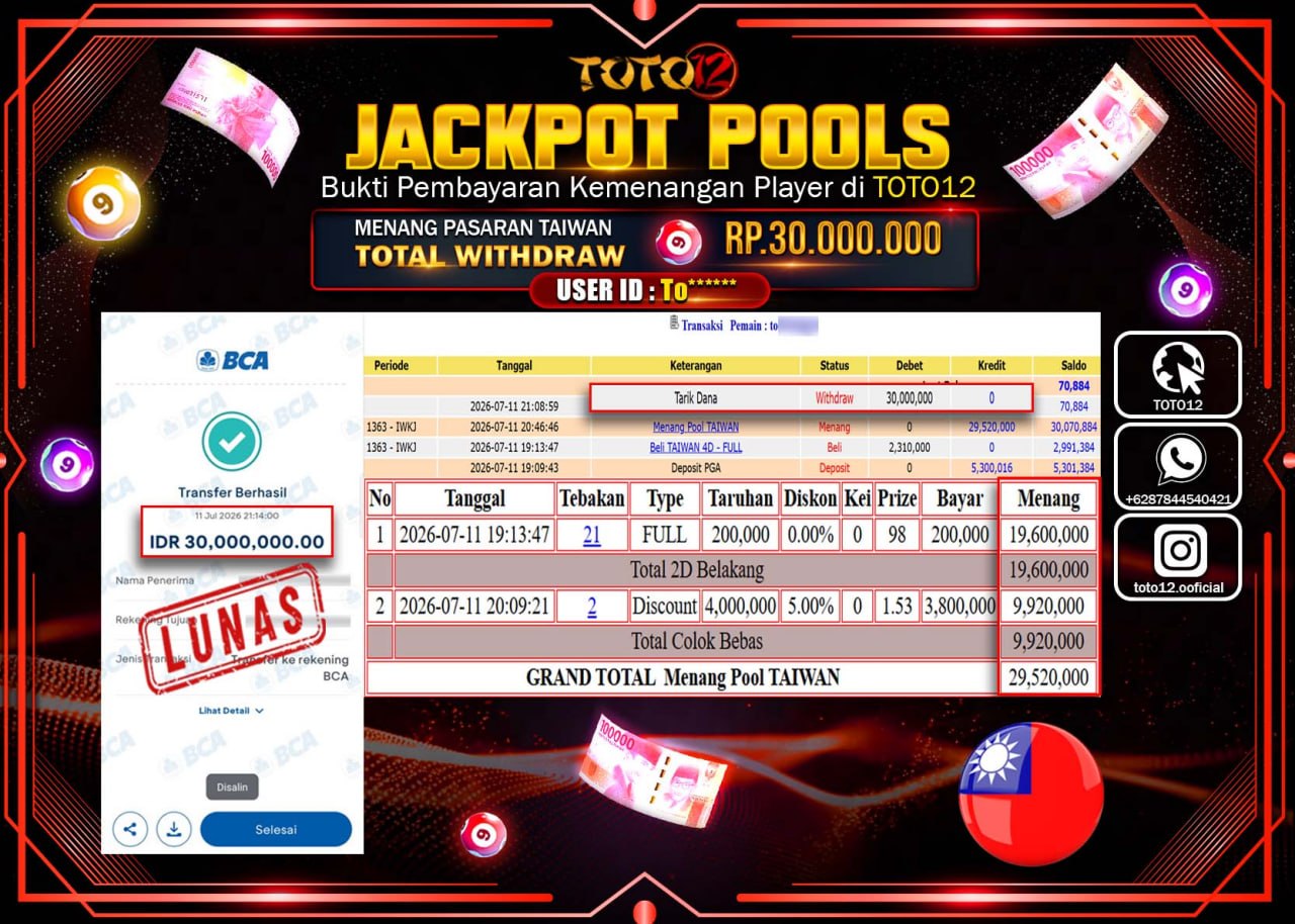 HANYA DI TOTO12 JP PASTI DI BAYAR LUNAS DAN CEPAT!!!!!! JACKPOT POOLS PASARAN (TAIWAN) Rp30.000.000!!!!