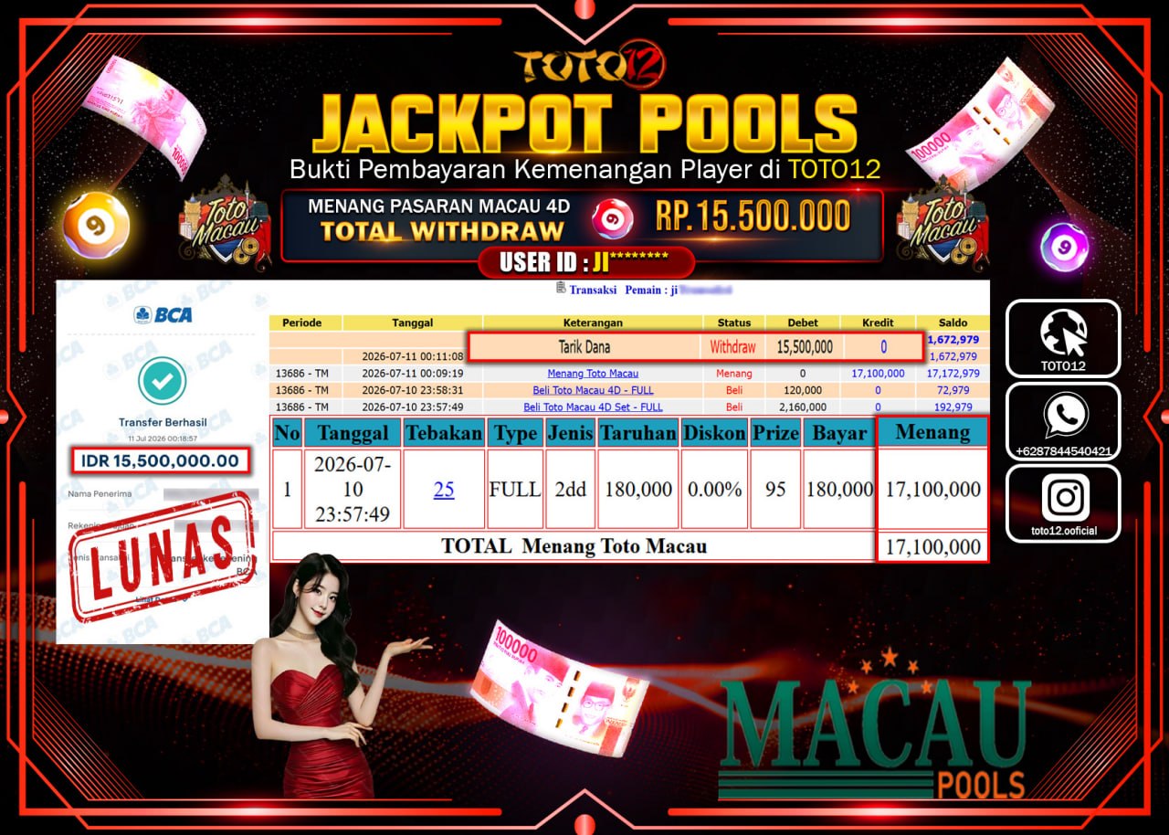 HANYA DI TOTO12 JP PASTI DI BAYAR LUNAS DAN CEPAT!!!!!! JACKPOT POOLS PASARAN (MACAU 4D) Rp15.500.000!!!!