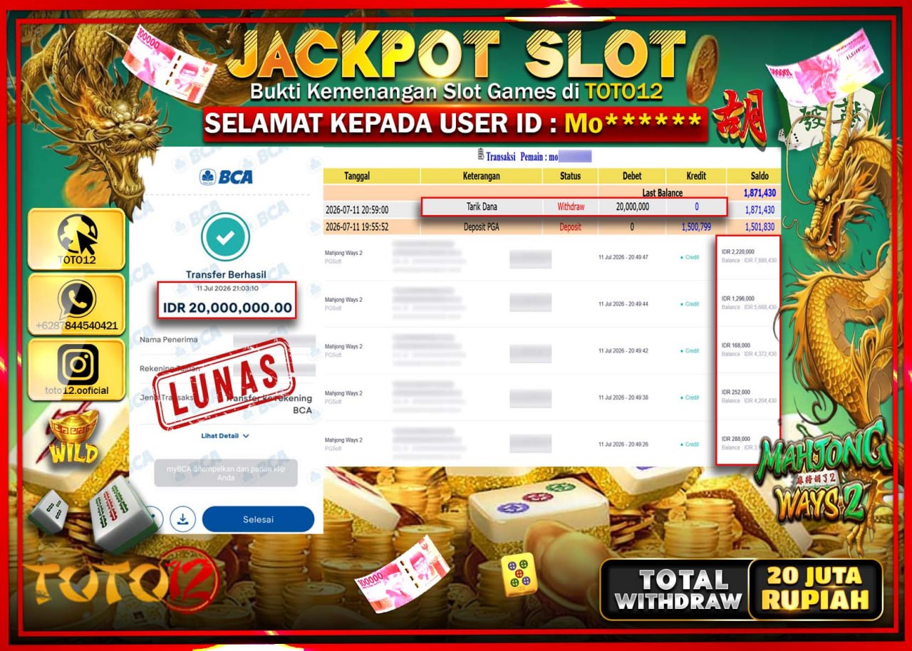 HANYA DI TOTO12 JP PASTI DI BAYAR LUNAS DAN CEPAT!!!!!! JACKPOT SLOT GAME (MAHJONG WAYS 2) Rp20.000.000!!!!