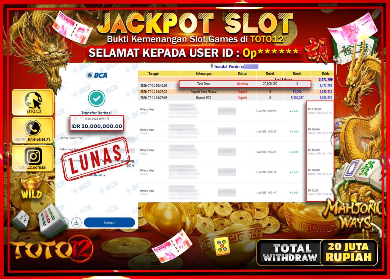 HANYA DI TOTO12 JP PASTI DI BAYAR LUNAS DAN CEPAT!!!!!! JACKPOT SLOT GAME (MAHJONG WAYS) Rp20.000.000!!!!