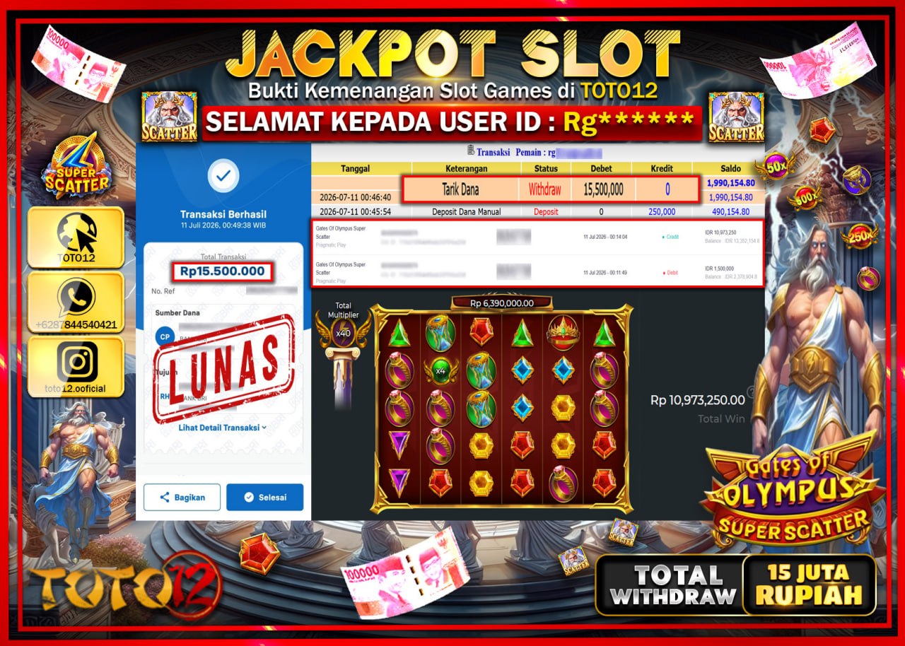 HANYA DI TOTO12 JP PASTI DI BAYAR LUNAS DAN CEPAT!!!!!! JACKPOT SLOT GAME (GATES OF OLYMPUS SUPER SCATTER) Rp15.500.000!!!!
