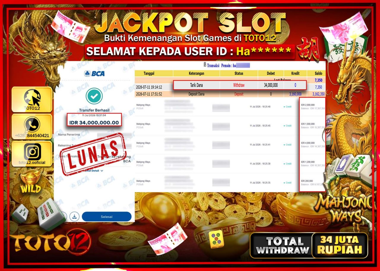 HANYA DI TOTO12 JP PASTI DI BAYAR LUNAS DAN CEPAT!!!!!! JACKPOT SLOT GAME (MAHJONG WAYS) Rp34.000.000!!!!