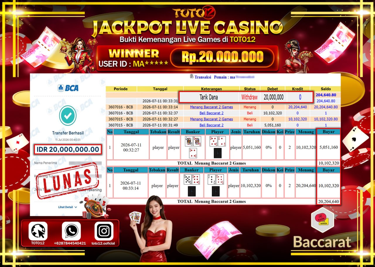 HANYA DI TOTO12 JP PASTI DI BAYAR LUNAS DAN CEPAT!!!!!! JACKPOT  LIVE GAME CASINO (BACCARAT 2) Rp20.000.000!!!!