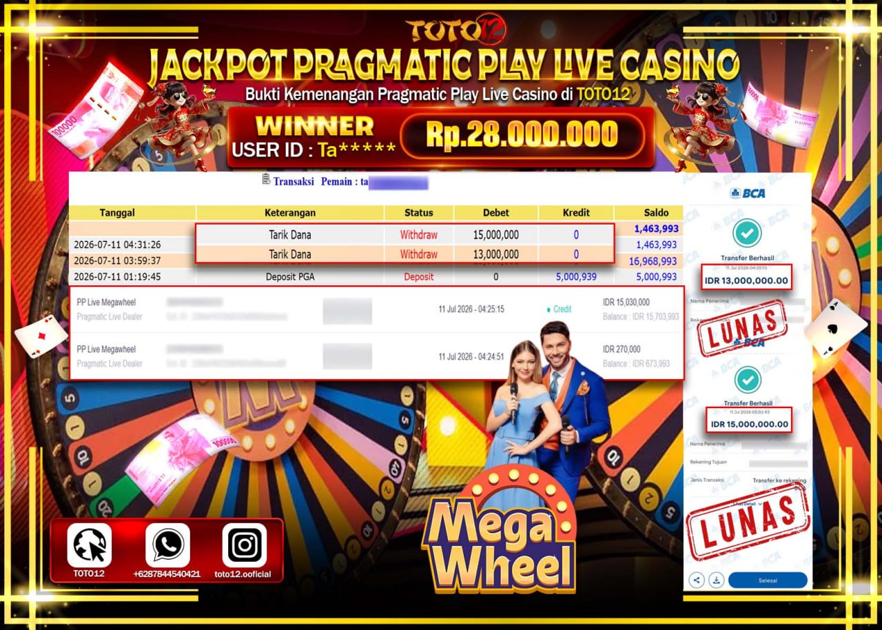 HANYA DI TOTO12 JP PASTI DI BAYAR LUNAS DAN CEPAT!!!!!! JACKPOT PRAGMATIC PLAY LIVE GAME CASINO (MEGA WHEEL) Rp28.000.000!!!!