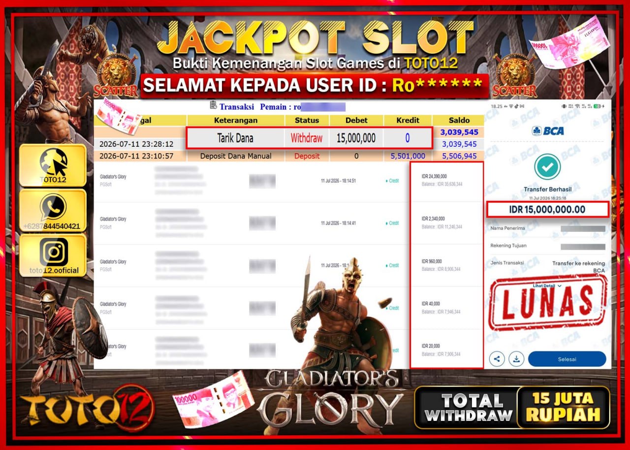 HANYA DI TOTO12 JP PASTI DI BAYAR LUNAS DAN CEPAT!!!!!! JACKPOT SLOT GAME (GLADIATORS GLORY) Rp15.000.000!!!!