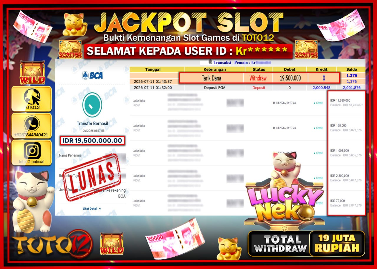 HANYA DI TOTO12 JP PASTI DI BAYAR LUNAS DAN CEPAT!!!!!! JACKPOT SLOT GAME (LUCKY NEKO) Rp19.500.000!!!!