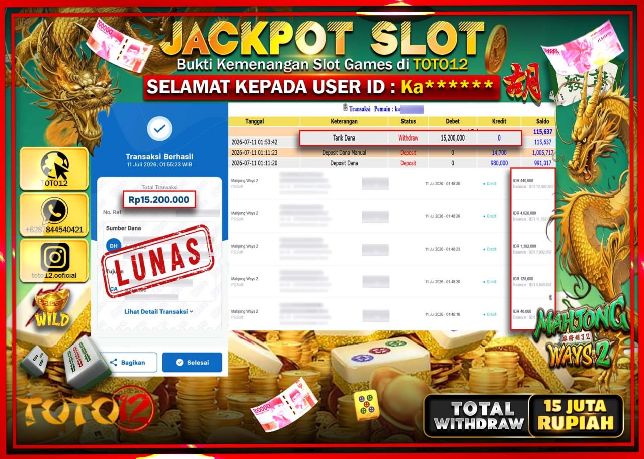 HANYA DI TOTO12 JP PASTI DI BAYAR LUNAS DAN CEPAT!!!!!! JACKPOT SLOT GAME (MAHJONG WAYS 2) Rp15.200.000!!!!