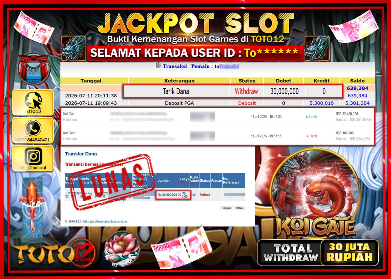 HANYA DI TOTO12 JP PASTI DI BAYAR LUNAS DAN CEPAT!!!!!! JACKPOT SLOT GAME (KOI GATE) Rp30.000.000!!!!