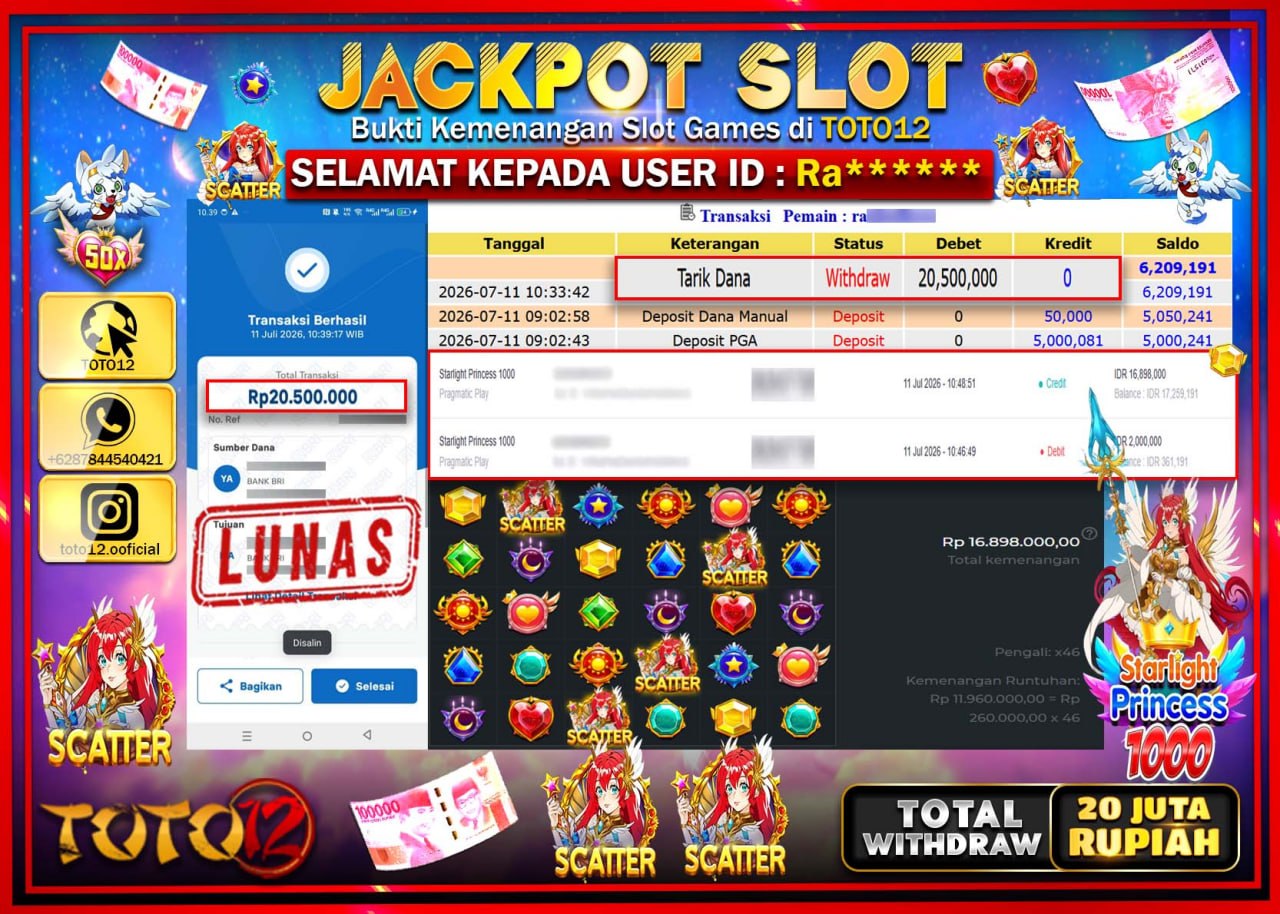 HANYA DI TOTO12 JP PASTI DI BAYAR LUNAS DAN CEPAT!!!!!! JACKPOT SLOT GAME (STARLIGHT PRINCESS 1000) Rp20.500.000!!!!