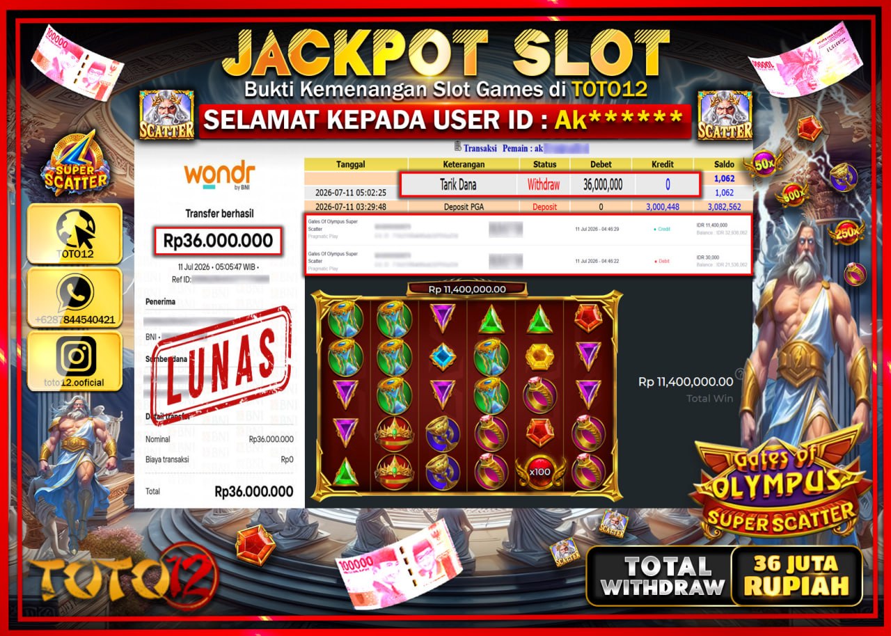 HANYA DI TOTO12 JP PASTI DI BAYAR LUNAS DAN CEPAT!!!!!! JACKPOT SLOT GAME (GATES OF OLYMPUS SUPER SCATTER) Rp36.000.000!!!!