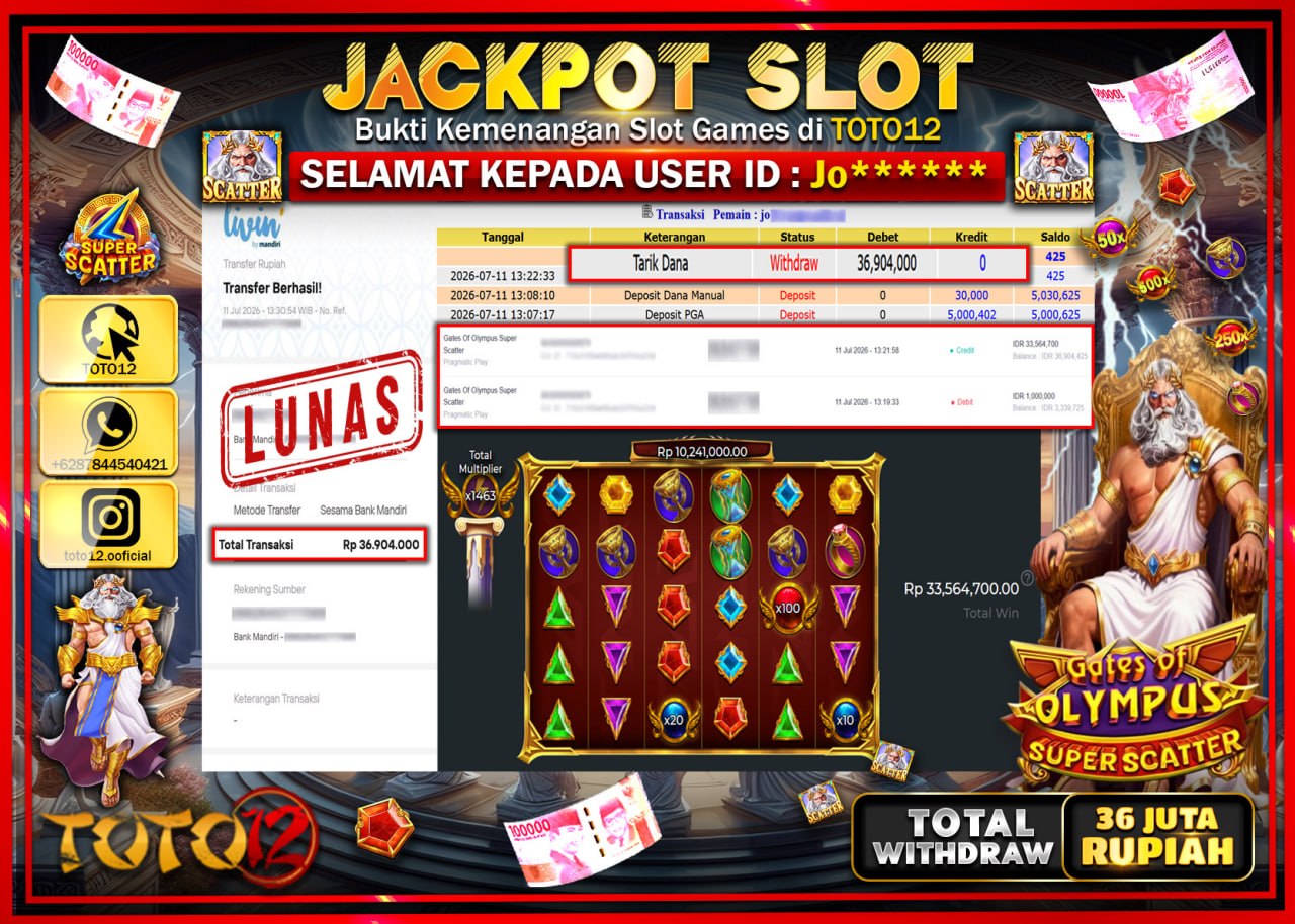 HANYA DI TOTO12 JP PASTI DI BAYAR LUNAS DAN CEPAT!!!!!! JACKPOT SLOT GAME (GATES OF OLYMPUS SUPER SCATTER) Rp36.904.000!!!!