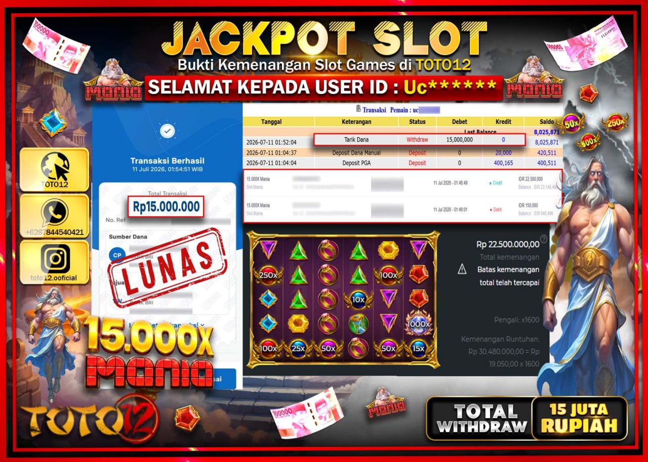 HANYA DI TOTO12 JP PASTI DI BAYAR LUNAS DAN CEPAT!!!!!! JACKPOT SLOT GAME (15.000X MANIA) Rp15.000.000!!!!