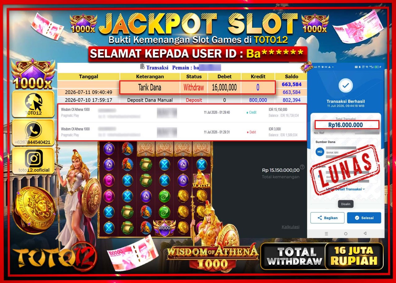 HANYA DI TOTO12 JP PASTI DI BAYAR LUNAS DAN CEPAT!!!!!! JACKPOT SLOT GAME (WISDOM OF ATHENA 1000) Rp16.000.000!!!!