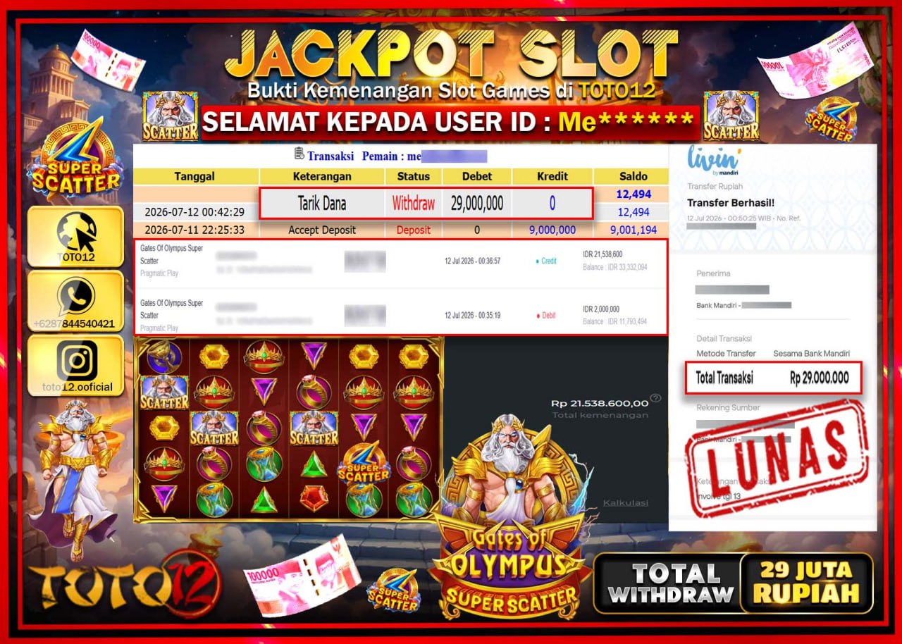 HANYA DI TOTO12 JP PASTI DI BAYAR LUNAS DAN CEPAT!!!!!! JACKPOT SLOT GAME (GATES OF OLYMPUS SUPER SCATTER) Rp29.000.000!!!!