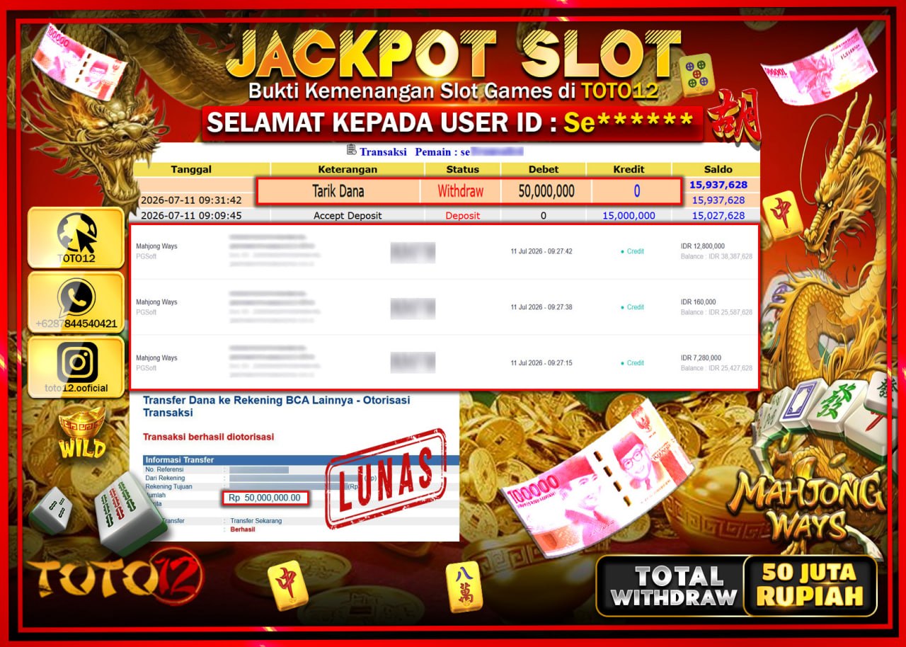 HANYA DI TOTO12 JP PASTI DI BAYAR LUNAS DAN CEPAT!!!!!! JACKPOT SLOT GAME (MAHJONG WAYS) Rp50.000.000!!!!