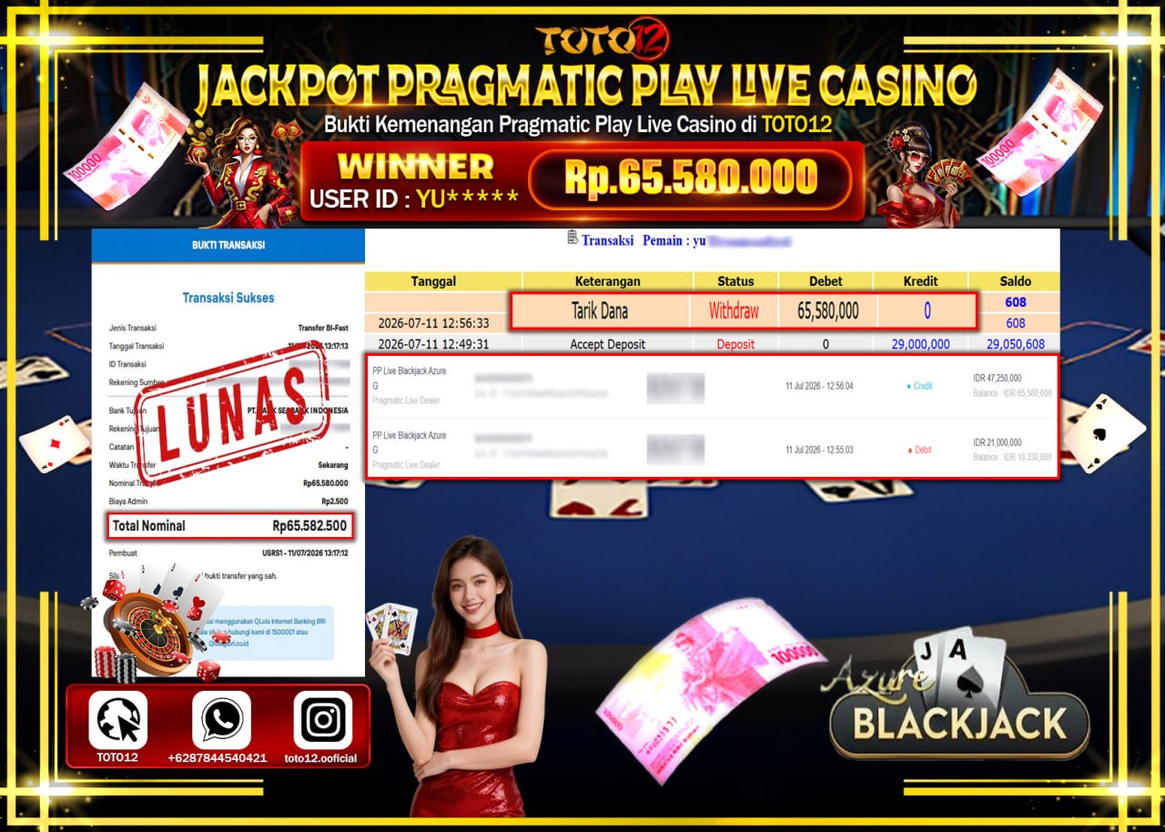 HANYA DI TOTO12 JP PASTI DI BAYAR LUNAS DAN CEPAT!!!!!! JACKPOT PRAGMATIC PLAY LIVE GAME CASINO (PP LIVE BLACKJACK AZURE G) Rp65.580.000!!!!