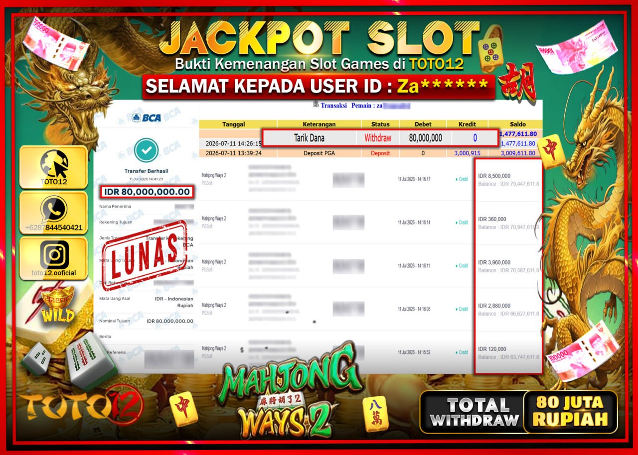 HANYA DI TOTO12 JP PASTI DI BAYAR LUNAS DAN CEPAT!!!!!! JACKPOT SLOT GAME (MAHJONG WAYS 2) Rp80.000.000!!!!