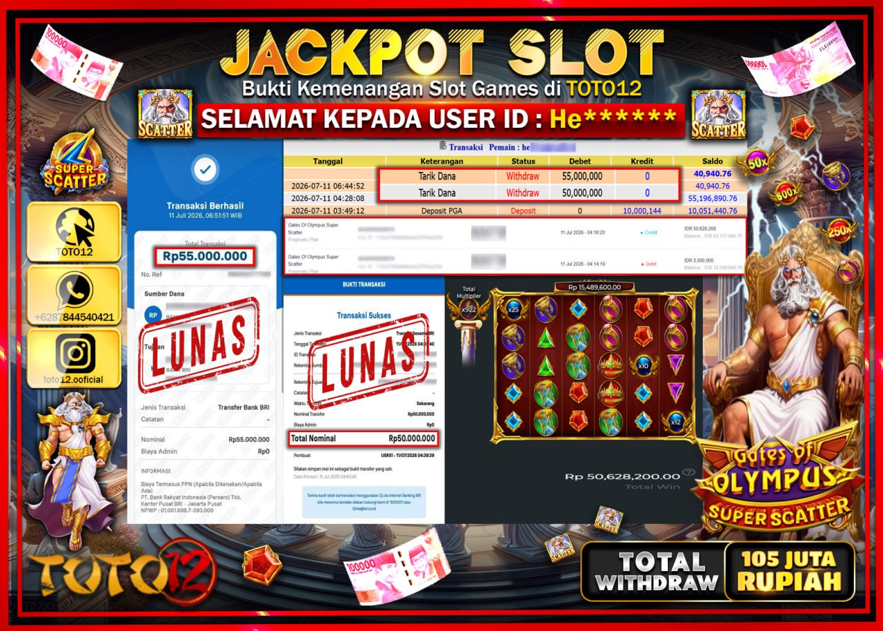 HANYA DI TOTO12 JP PASTI DI BAYAR LUNAS DAN CEPAT!!!!!! JACKPOT SLOT GAME (GATES OF OLYMPUS SUPER SCATTER) Rp105.000.000!!!!
