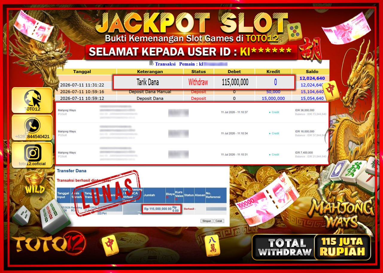 HANYA DI TOTO12 JP PASTI DI BAYAR LUNAS DAN CEPAT!!!!!! JACKPOT SLOT GAME (MAHJONG WAYS) Rp115.000.000!!!!