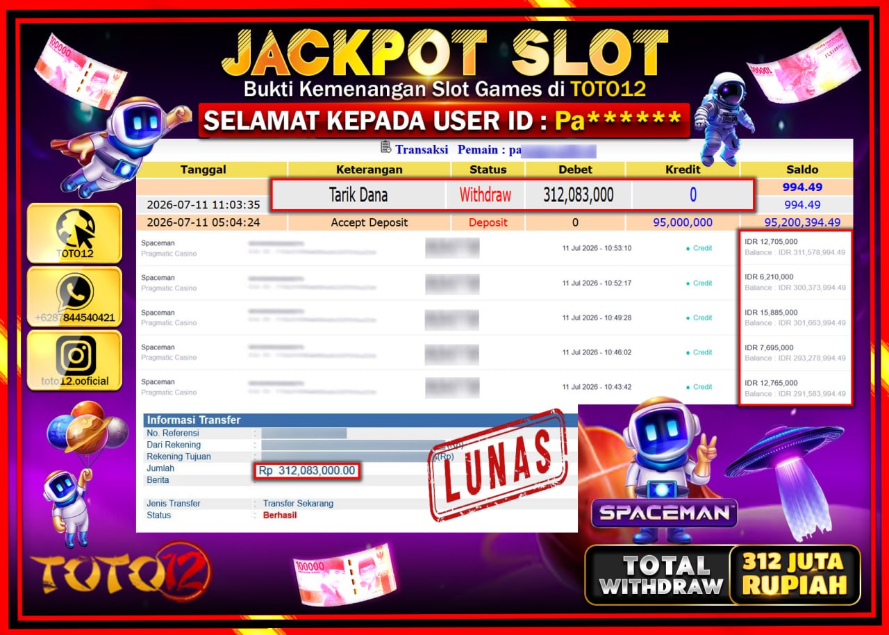 HANYA DI TOTO12 JP PASTI DI BAYAR LUNAS DAN CEPAT!!!!!! JACKPOT SLOT GAME (SPACEMAN) Rp312.083.000!!!!