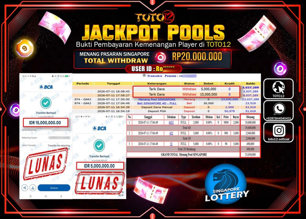 HANYA DI TOTO12 JP PASTI DI BAYAR LUNAS DAN CEPAT!!!!!! JACKPOT POOLS PASARAN (SINGAPORE) Rp20.000.000!!!!