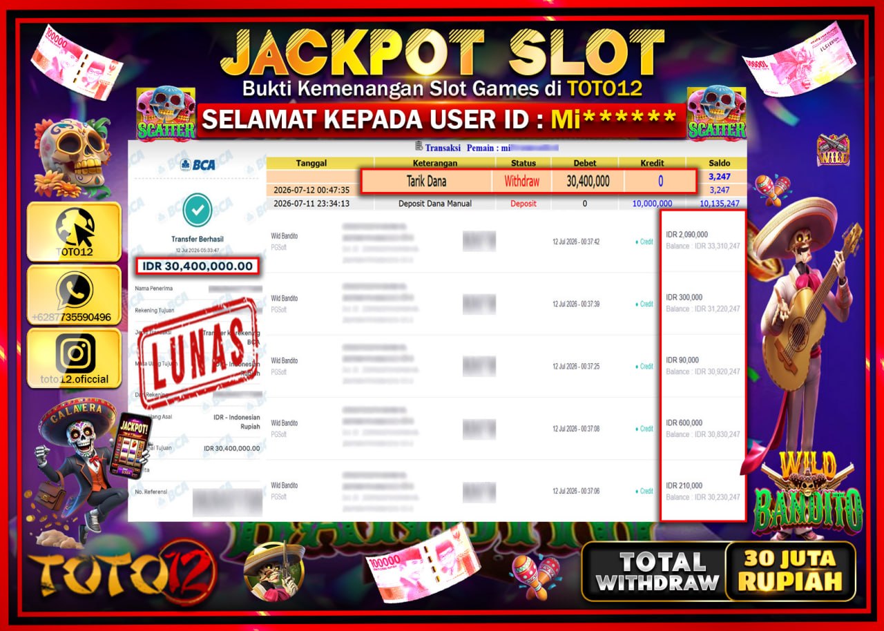 HANYA DI TOTO12 JP PASTI DI BAYAR LUNAS DAN CEPAT!!!!!! JACKPOT SLOT GAME (WILD BANDITO) Rp30.400.000!!!!