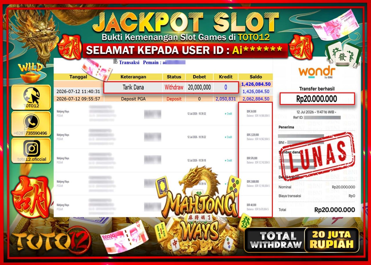 HANYA DI TOTO12 JP PASTI DI BAYAR LUNAS DAN CEPAT!!!!!! JACKPOT SLOT GAME (MAHJONG WAYS) Rp20.000.000!!!!