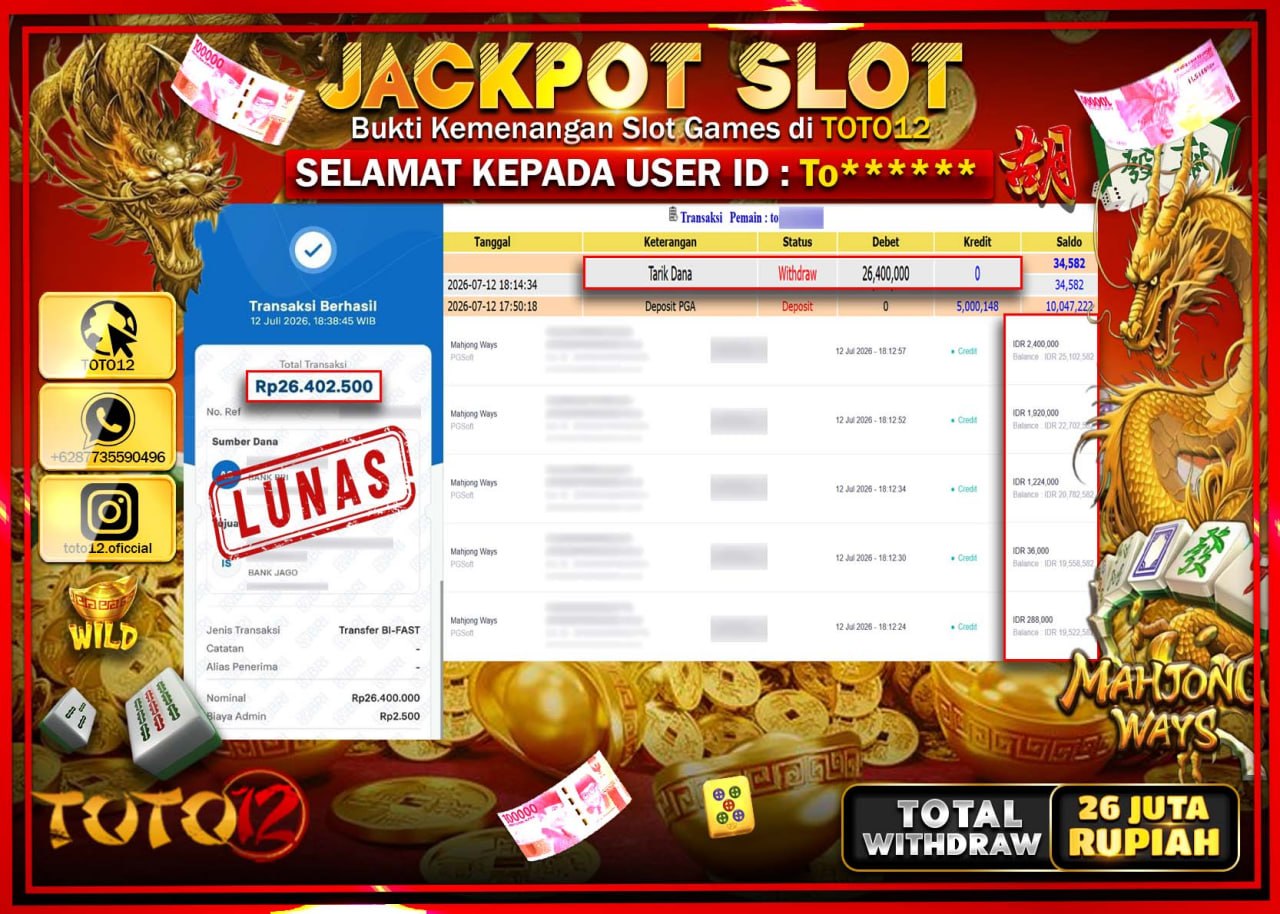 HANYA DI TOTO12 JP PASTI DI BAYAR LUNAS DAN CEPAT!!!!!! JACKPOT SLOT GAME (MAHJONG WAYS) Rp26.400.000!!!!