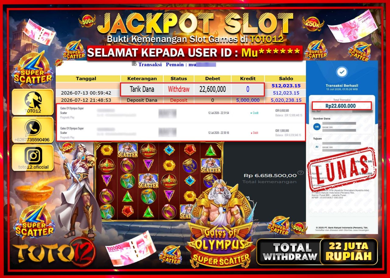 HANYA DI TOTO12 JP PASTI DI BAYAR LUNAS DAN CEPAT!!!!!! JACKPOT SLOT GAME (GATES OF OLYMPUS SUPER SCATTER) Rp22.600.000!!!!