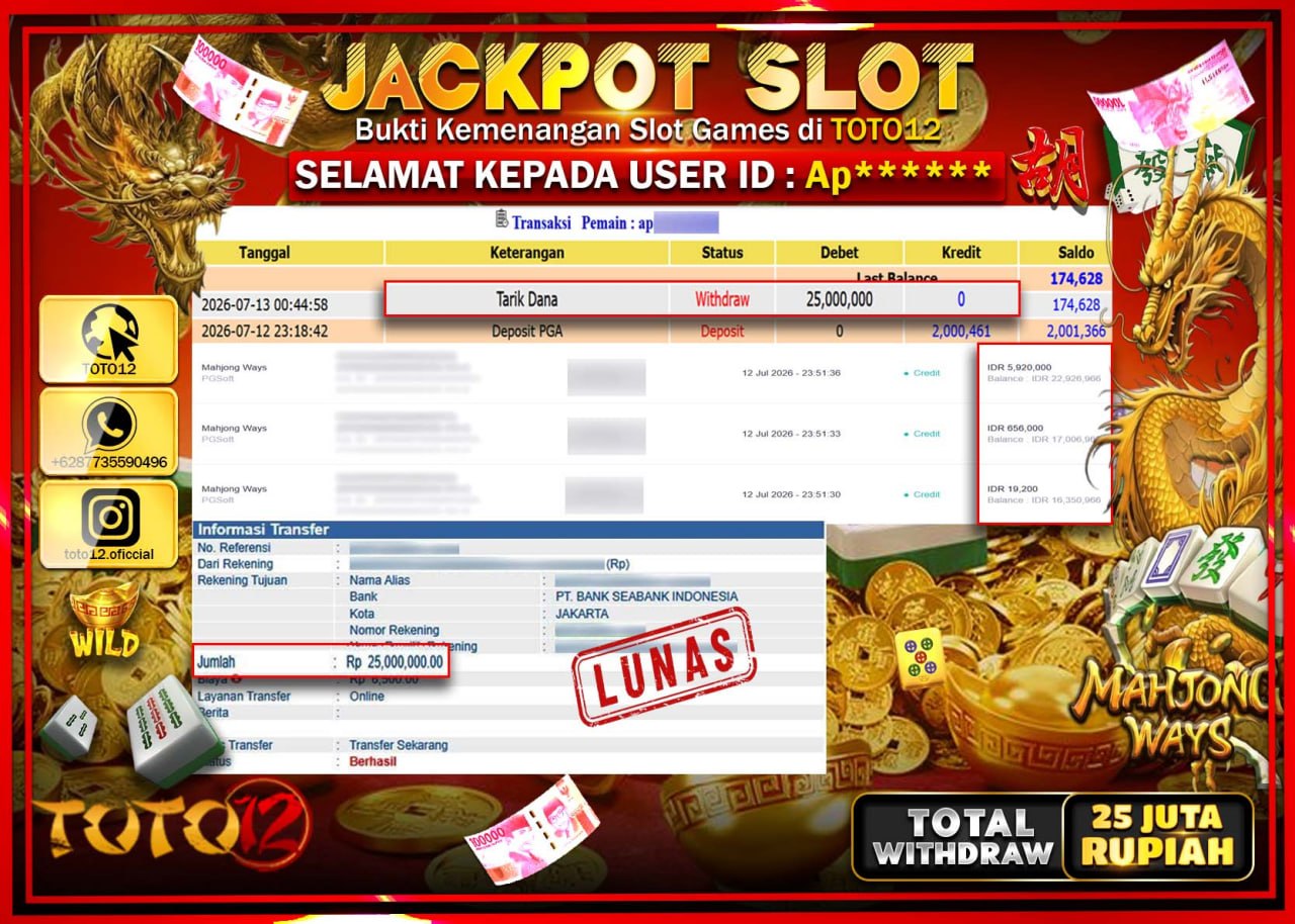 HANYA DI TOTO12 JP PASTI DI BAYAR LUNAS DAN CEPAT!!!!!! JACKPOT SLOT GAME (MAHJONG WAYS) Rp25.000.000!!!!