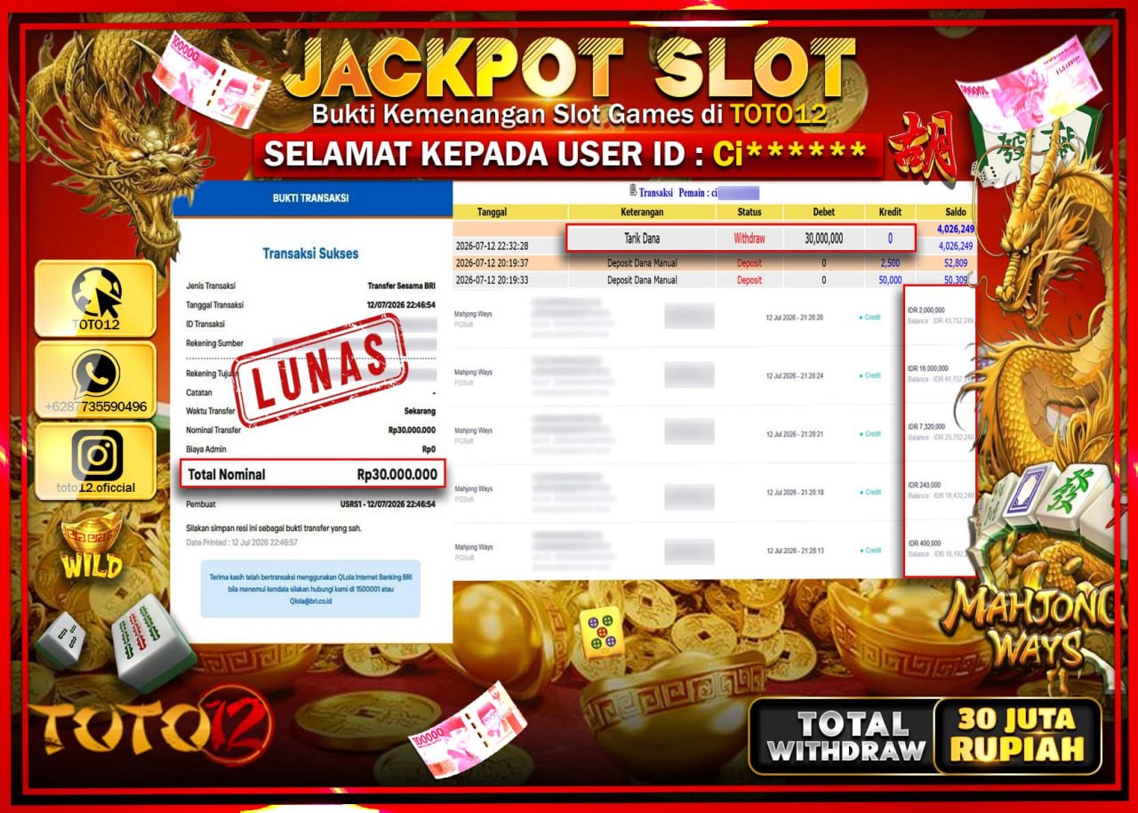 HANYA DI TOTO12 JP PASTI DI BAYAR LUNAS DAN CEPAT!!!!!! JACKPOT SLOT GAME (MAHJONG WAYS) Rp30.000.000!!!!