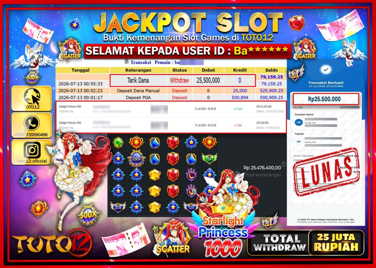 HANYA DI TOTO12 JP PASTI DI BAYAR LUNAS DAN CEPAT!!!!!! JACKPOT SLOT GAME (STARLIGHT PRINCESS 1000) Rp25.500.000!!!!
