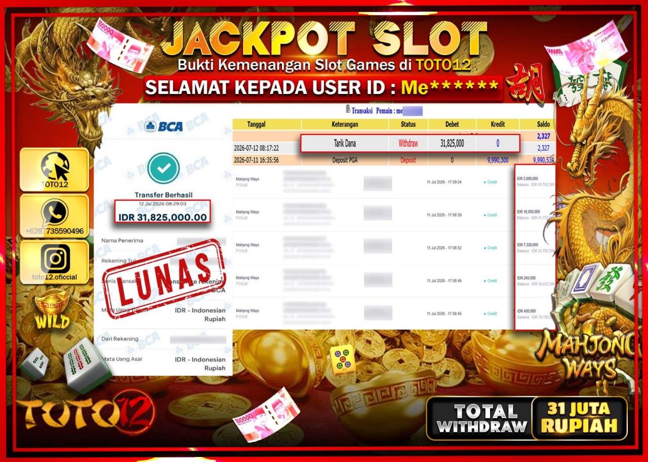 HANYA DI TOTO12 JP PASTI DI BAYAR LUNAS DAN CEPAT!!!!!! JACKPOT SLOT GAME (MAHJONG WAYS) Rp31.825.000!!!!