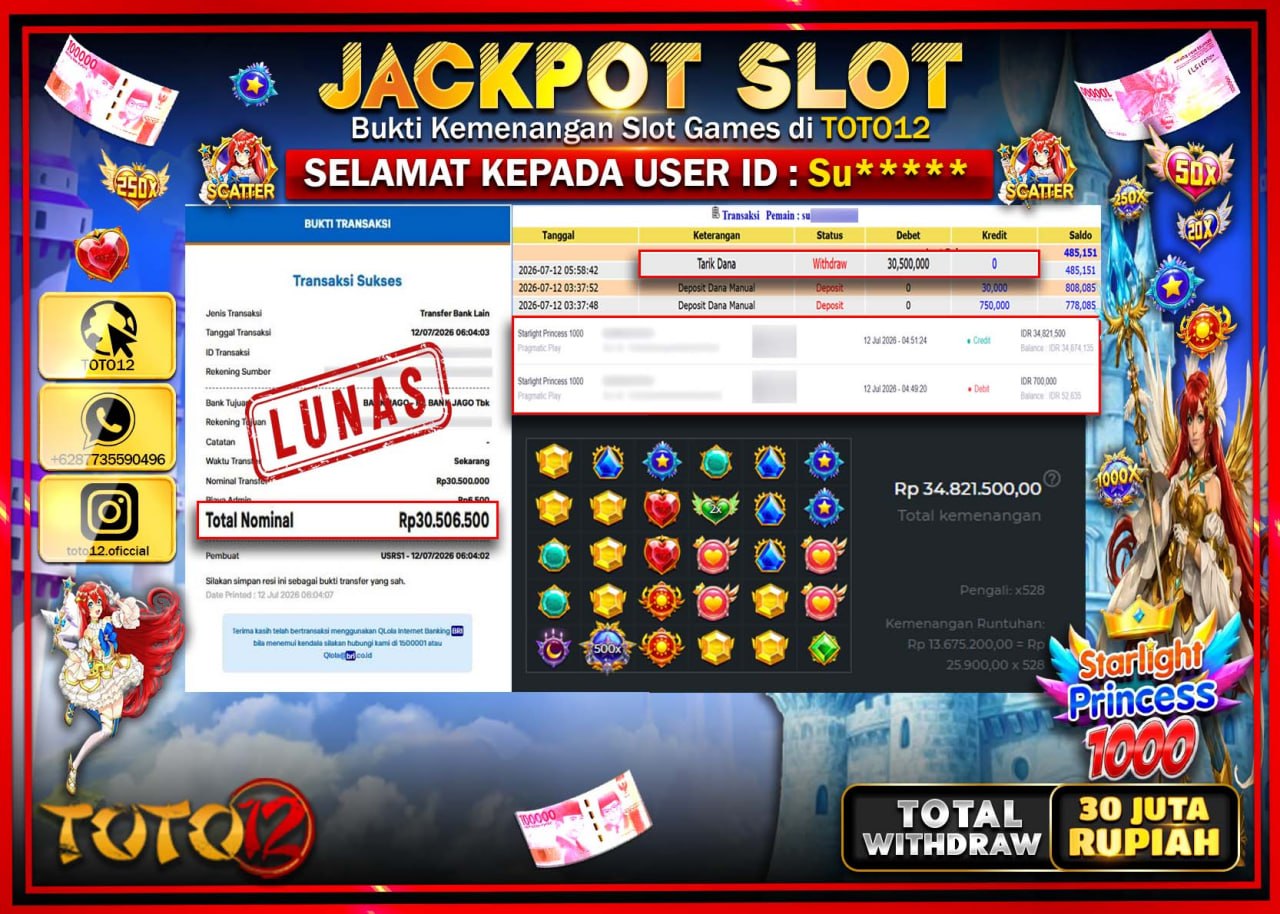 HANYA DI TOTO12 JP PASTI DI BAYAR LUNAS DAN CEPAT!!!!!! JACKPOT SLOT GAME (STARLIGHT PRINCESS 1000) Rp30.500.000!!!!