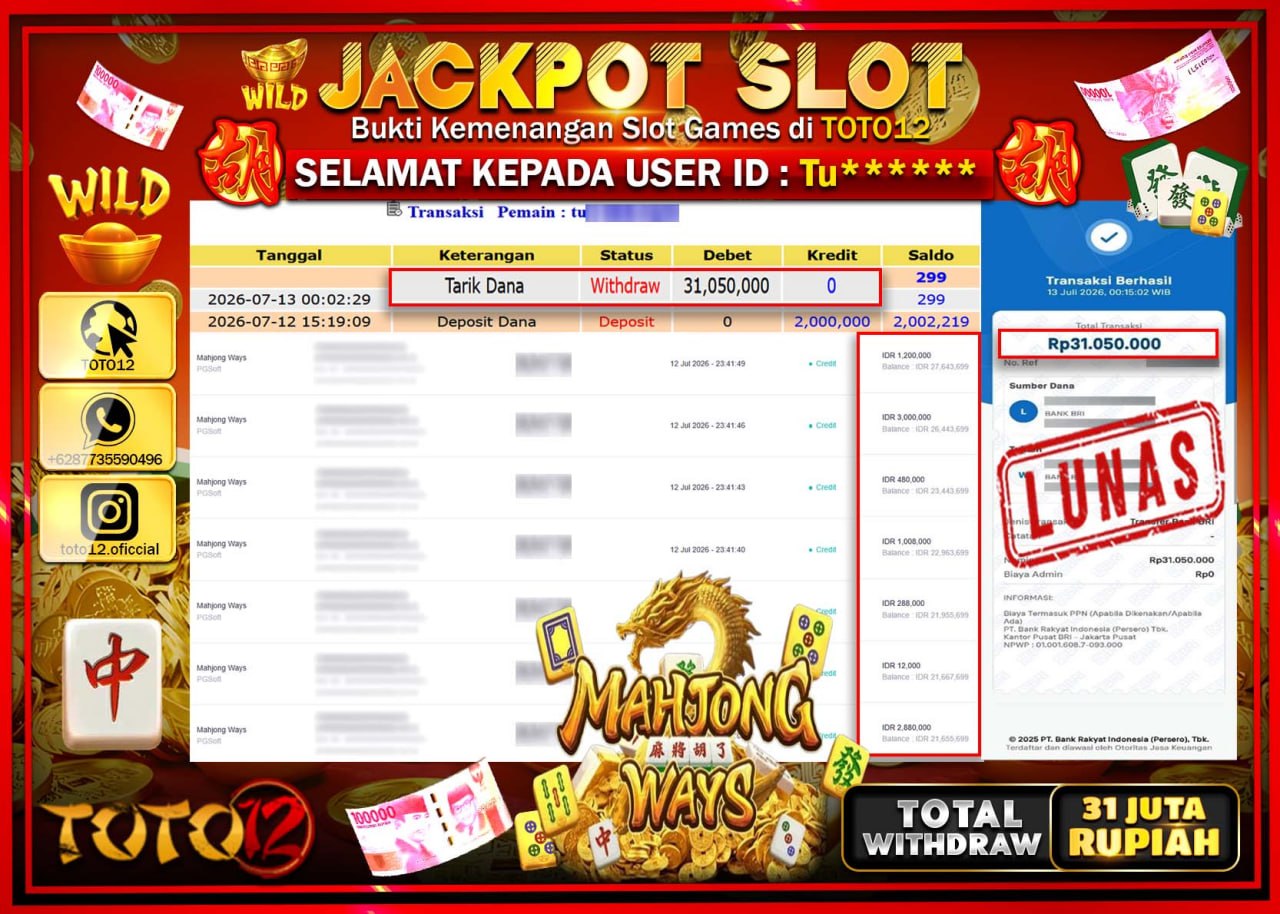 HANYA DI TOTO12 JP PASTI DI BAYAR LUNAS DAN CEPAT!!!!!! JACKPOT SLOT GAME (MAHJONG WAYS) Rp31.050.000!!!!