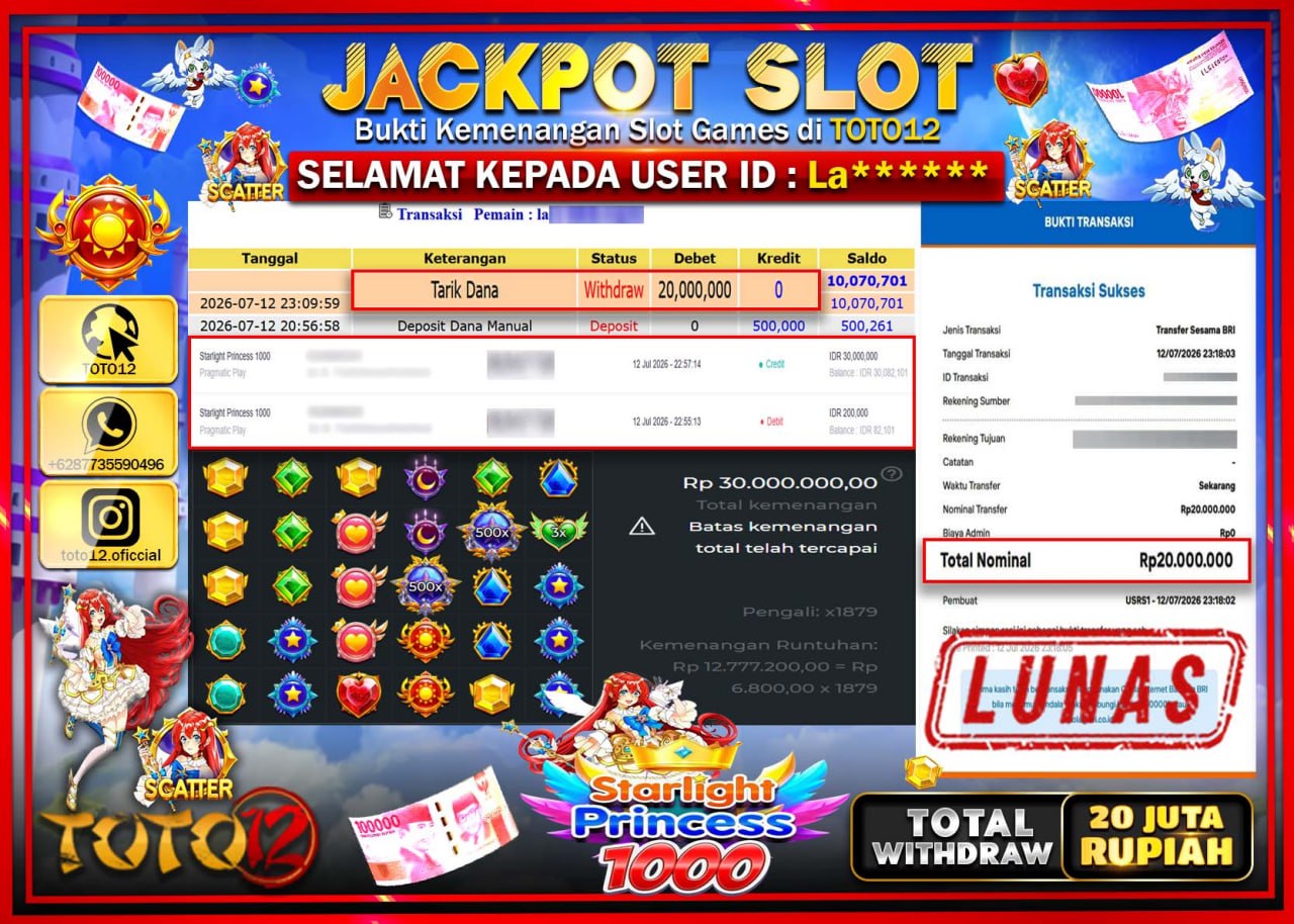 HANYA DI TOTO12 JP PASTI DI BAYAR LUNAS DAN CEPAT!!!!!! JACKPOT SLOT GAME (STARLIGHT PRINCESS 1000) Rp20.000.000!!!!