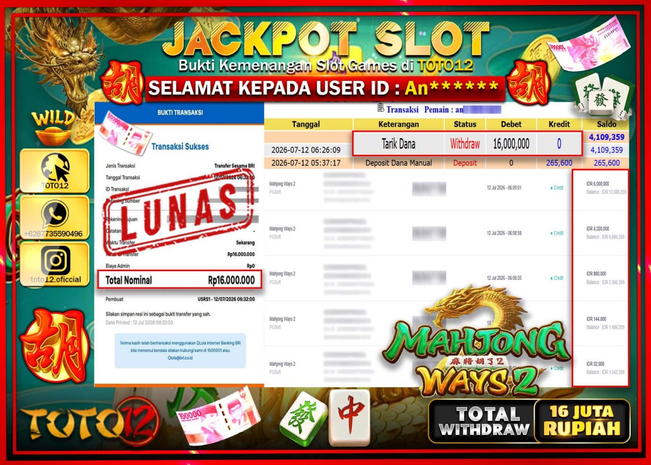 HANYA DI TOTO12 JP PASTI DI BAYAR LUNAS DAN CEPAT!!!!!! JACKPOT SLOT GAME (MAHJONG WAYS 2) Rp16.000.000!!!!