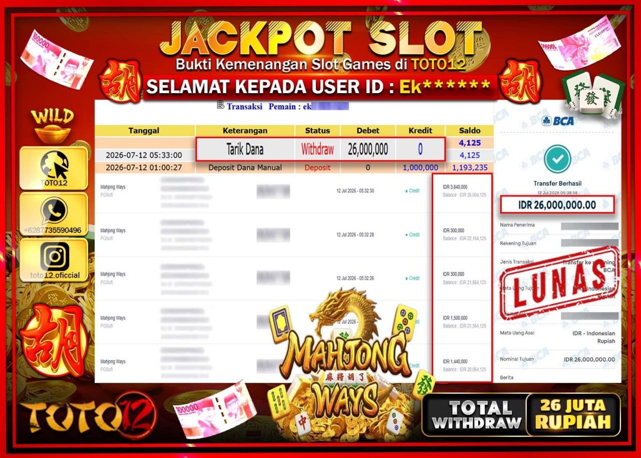 HANYA DI TOTO12 JP PASTI DI BAYAR LUNAS DAN CEPAT!!!!!! JACKPOT SLOT GAME (MAHJONG WAYS) Rp26.000.000!!!!
